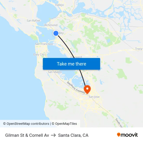 Gilman St & Cornell Av to Santa Clara, CA map