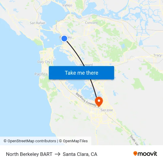 North Berkeley BART to Santa Clara, CA map