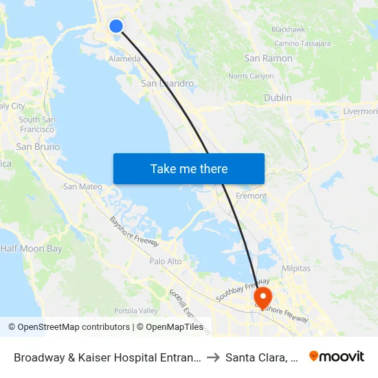 Broadway & Kaiser Hospital Entrance to Santa Clara, CA map