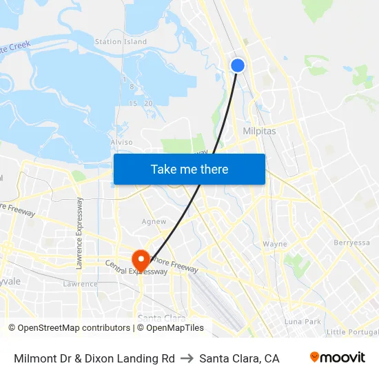 Milmont Dr & Dixon Landing Rd to Santa Clara, CA map