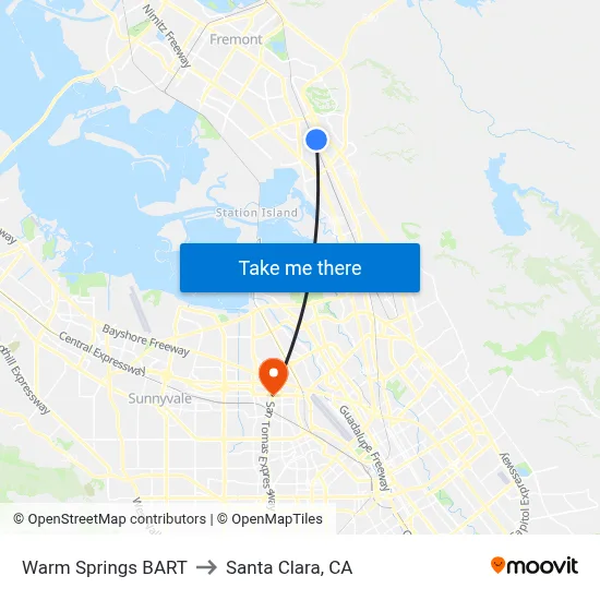 Warm Springs BART to Santa Clara, CA map