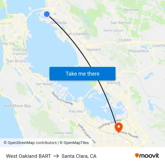 West Oakland BART to Santa Clara, CA map