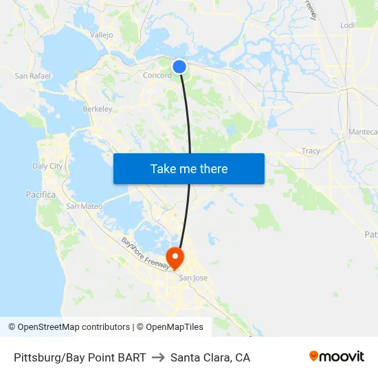 Pittsburg/Bay Point BART to Santa Clara, CA map