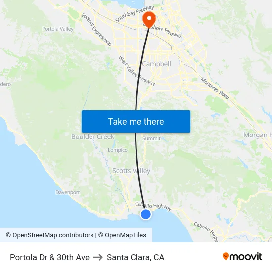 Portola Dr & 30th Ave to Santa Clara, CA map