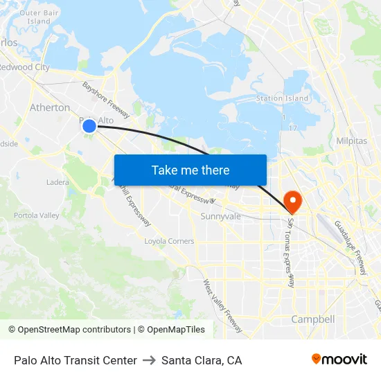 Palo Alto Transit Center to Santa Clara, CA map