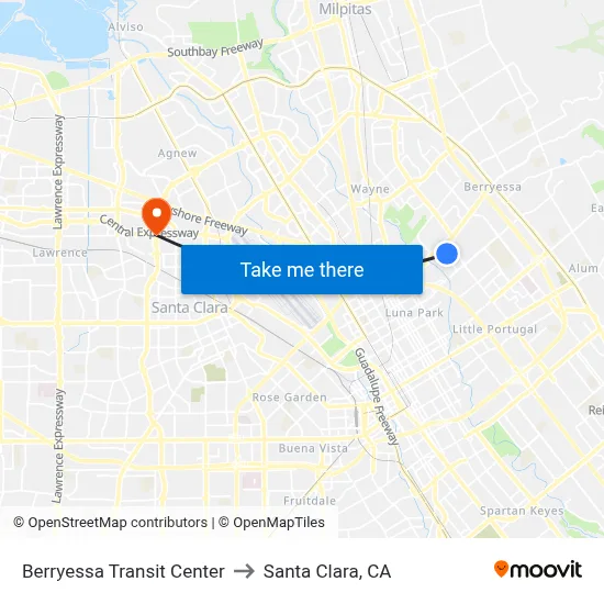 Berryessa Transit Center to Santa Clara, CA map