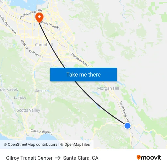 Gilroy Transit Center to Santa Clara, CA map