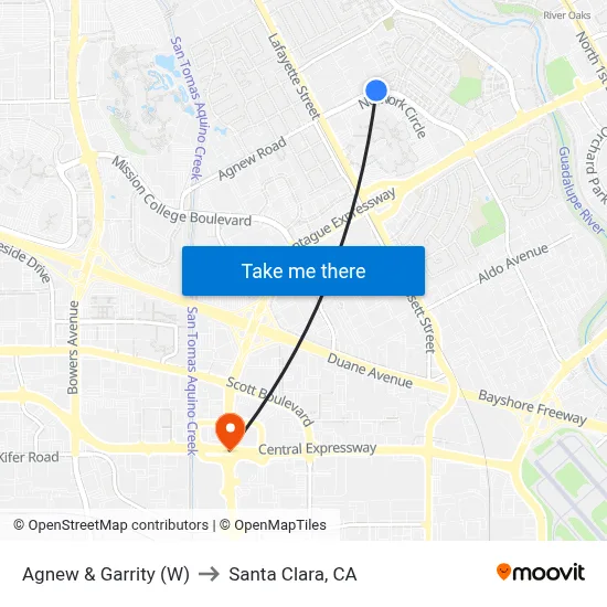 Agnew & Garrity (W) to Santa Clara, CA map
