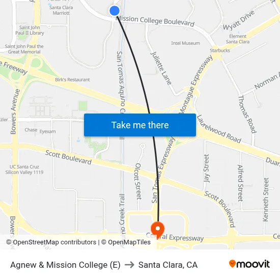 Agnew & Mission College (E) to Santa Clara, CA map