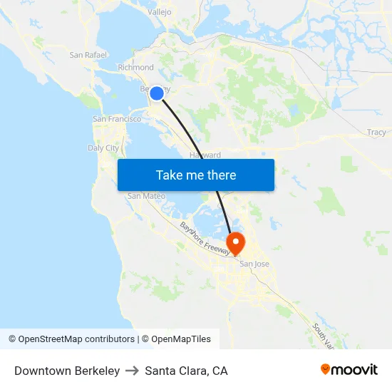 Downtown Berkeley to Santa Clara, CA map