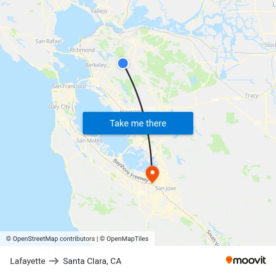 Lafayette to Santa Clara, CA map