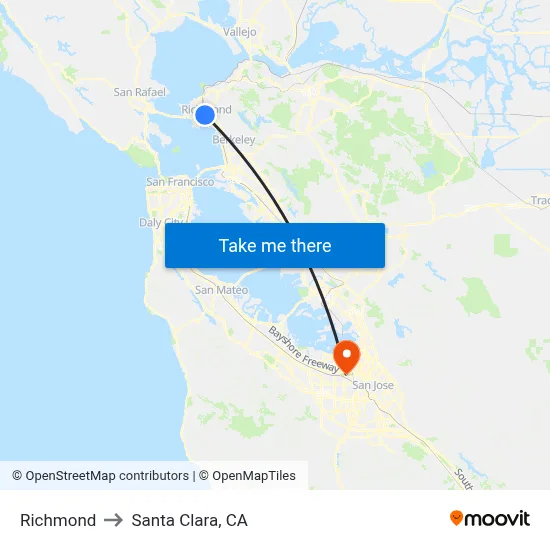 Richmond to Santa Clara, CA map