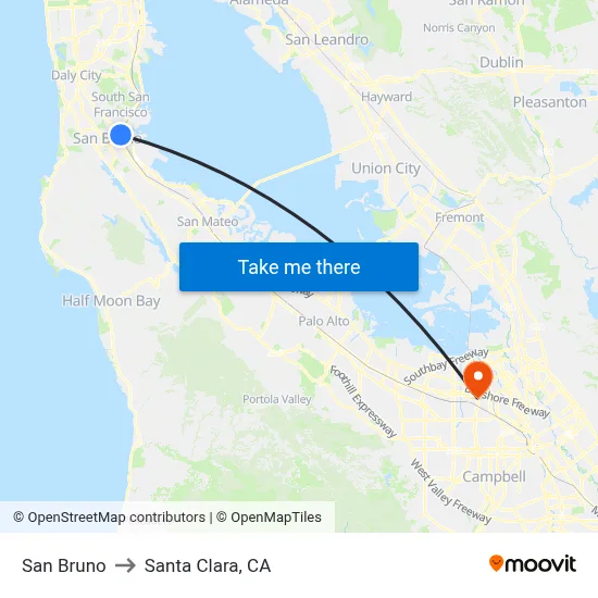 San Bruno to Santa Clara, CA map