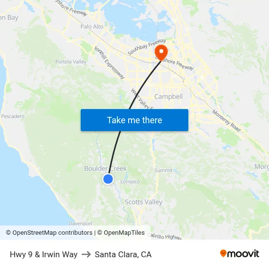 Hwy 9 & Irwin Way to Santa Clara, CA map