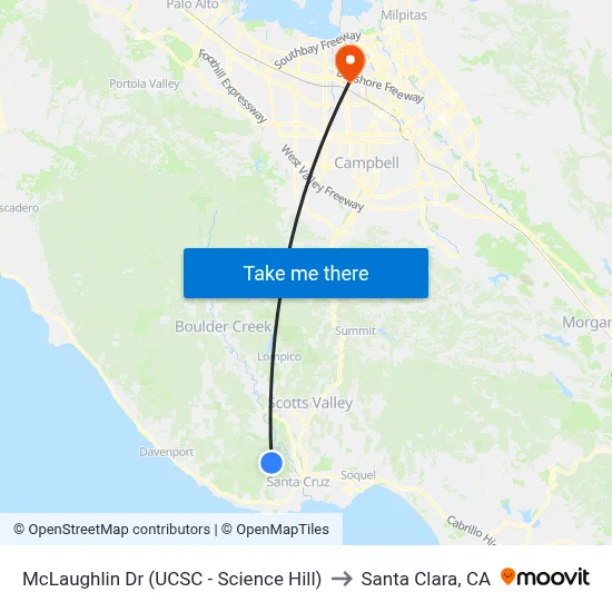 McLaughlin Dr (UCSC - Science Hill) to Santa Clara, CA map