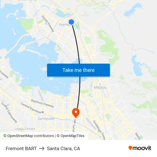 Fremont BART to Santa Clara, CA map