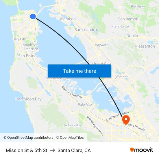 Mission St & 5th St to Santa Clara, CA map