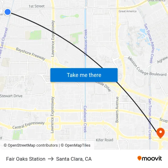 Fair Oaks Station to Santa Clara, CA map