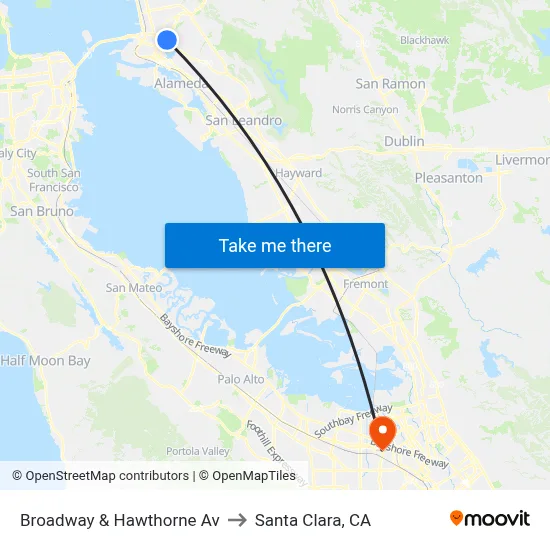 Broadway & Hawthorne Av to Santa Clara, CA map