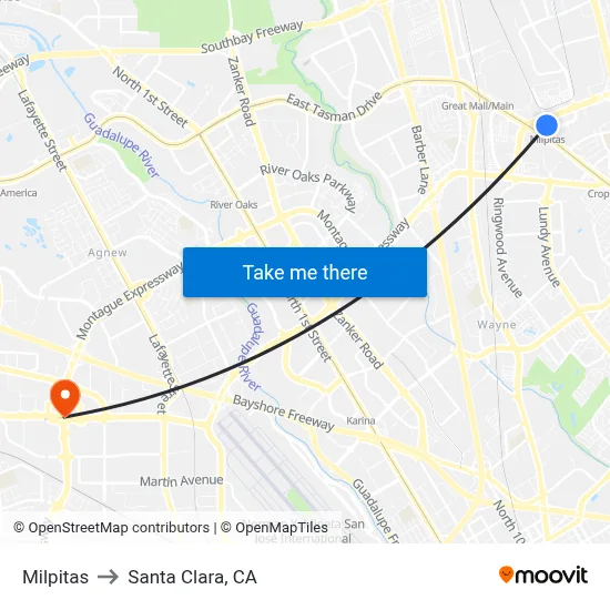Milpitas to Santa Clara, CA map