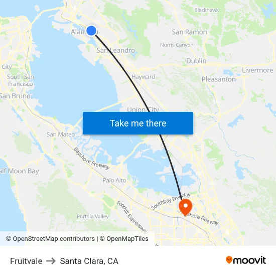 Fruitvale to Santa Clara, CA map