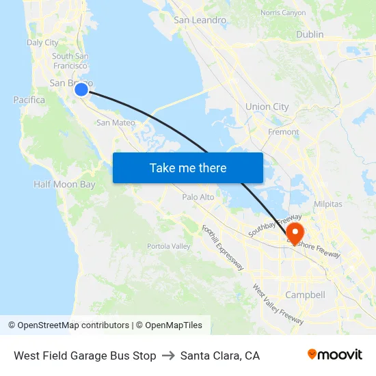 West Field Garage Bus Stop to Santa Clara, CA map