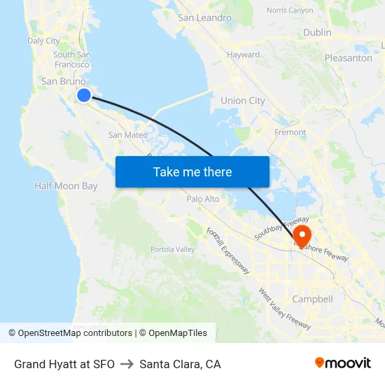 Grand Hyatt at SFO to Santa Clara, CA map