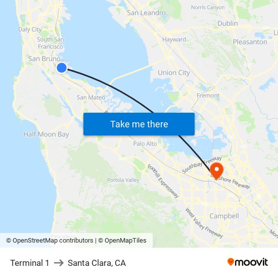 Terminal 1 to Santa Clara, CA map