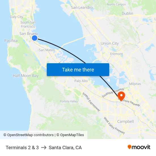 Terminals 2 & 3 to Santa Clara, CA map