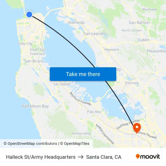 Halleck St/Army Headquarters to Santa Clara, CA map