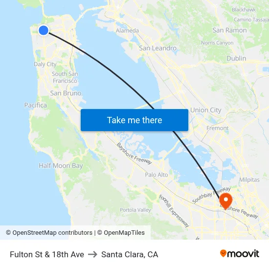 Fulton St & 18th Ave to Santa Clara, CA map