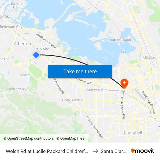 Welch Rd at Lucile Packard Children's Hospital to Santa Clara, CA map