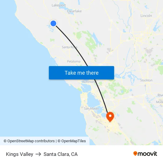 Kings Valley to Santa Clara, CA map