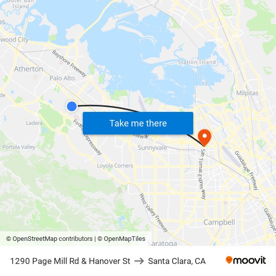 1290 Page Mill Rd & Hanover St to Santa Clara, CA map