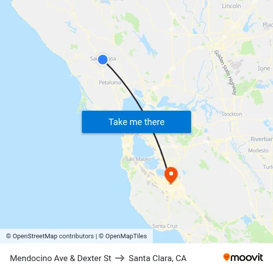 Mendocino Ave & Dexter St to Santa Clara, CA map