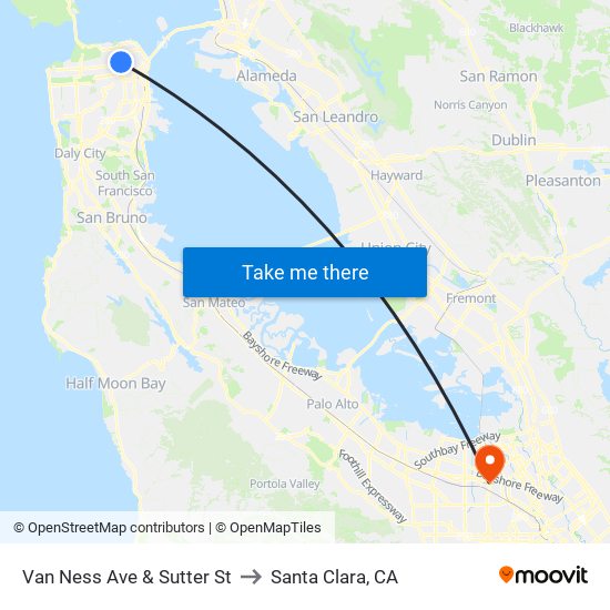 Van Ness Ave & Sutter St to Santa Clara, CA map