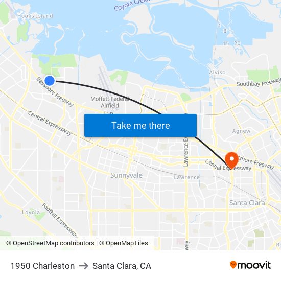 1950 Charleston to Santa Clara, CA map