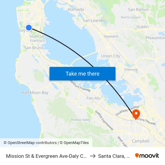 Mission St & Evergreen Ave-Daly City to Santa Clara, CA map