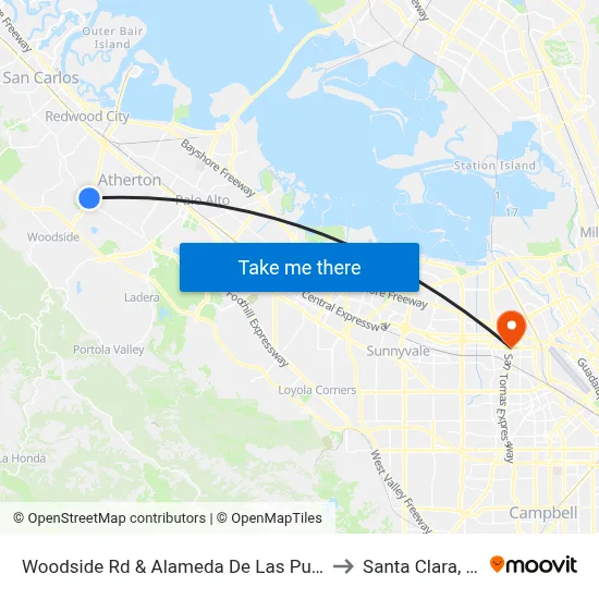 Woodside Rd & Alameda De Las Pulgas to Santa Clara, CA map