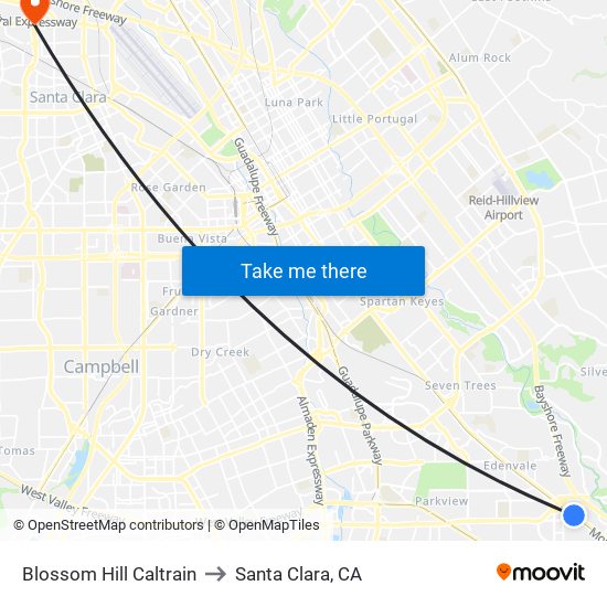 Blossom Hill Caltrain to Santa Clara, CA map