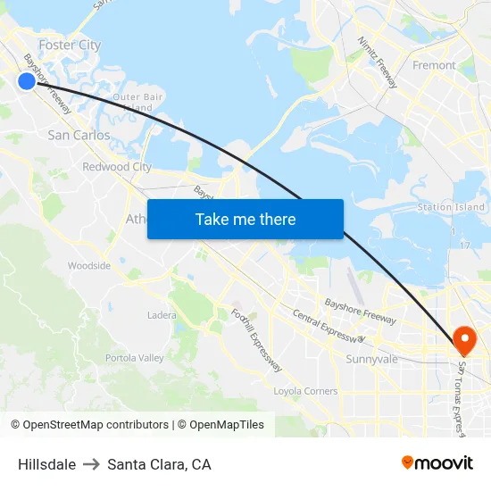 Hillsdale to Santa Clara, CA map