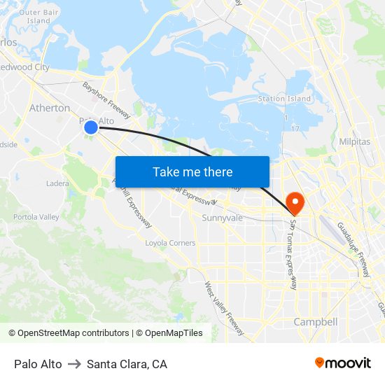 Palo Alto to Santa Clara, CA map