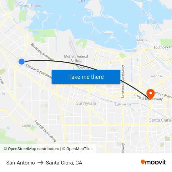 San Antonio to Santa Clara, CA map