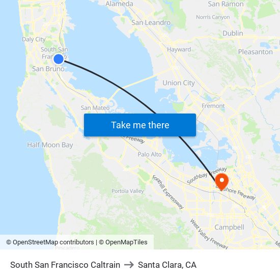 South San Francisco Caltrain to Santa Clara, CA map