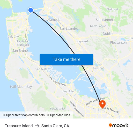 Treasure Island to Santa Clara, CA map