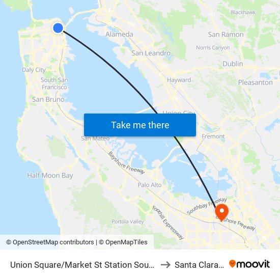 Union Square/Market St Station Southbound to Santa Clara, CA map