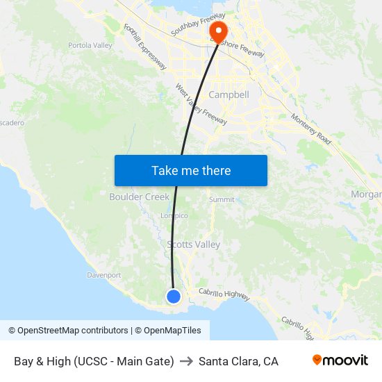 Bay & High (UCSC - Main Gate) to Santa Clara, CA map