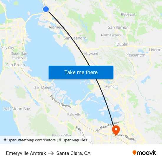 Emeryville Amtrak to Santa Clara, CA map