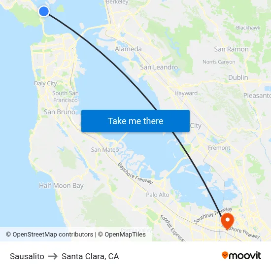Sausalito to Santa Clara, CA map