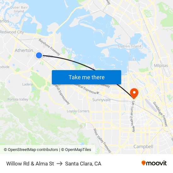 Willow Rd & Alma St to Santa Clara, CA map